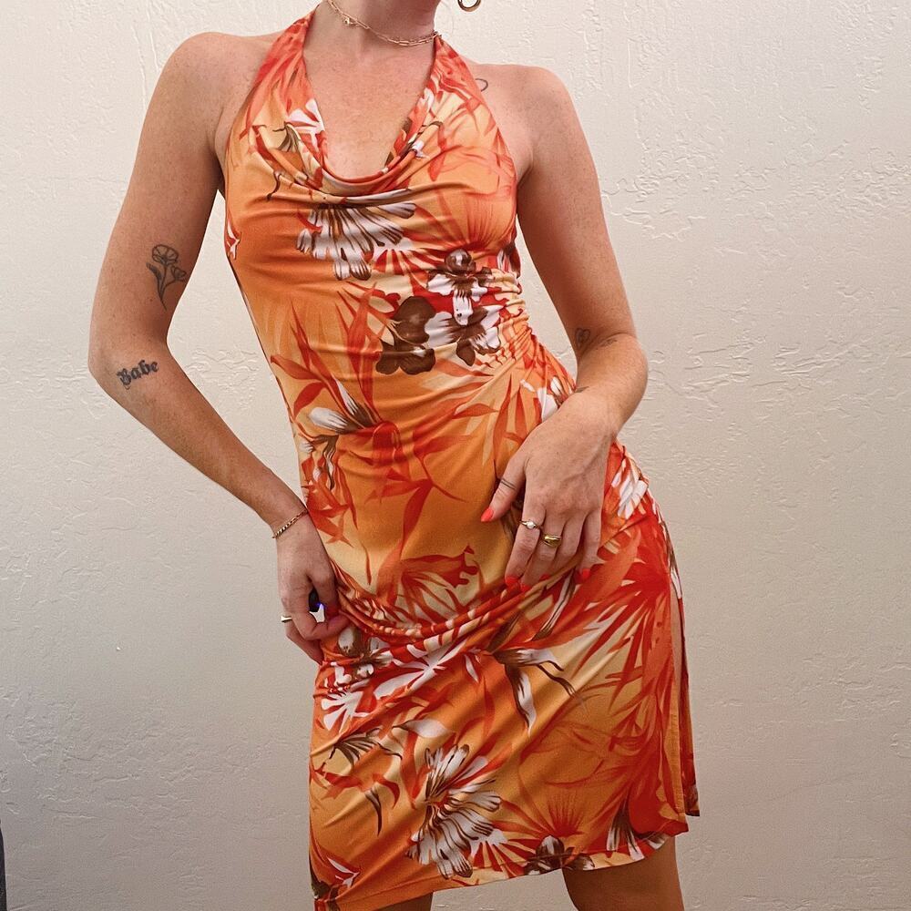 Vintage Y2K Orange Hawaiian Flower Cowl Neck Halter Slip Dress - Picture 4 of 8
